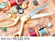 Sewing supplies, scissors, many buttons and threads.Tools for sewing. Set of sewing accessories. Стоковое фото, агентство Ingram Publishing / Фотобанк Лори