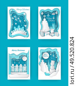 Merry Christmas paper cut, snowman and pine wood vector. Old fashioned city, town buildings and flying reindeer with sleigh of Santa Claus above. Merry Christmas Paper Cut, Snowman and Pine Wood. Стоковая иллюстрация, агентство Ingram Publishing / Фотобанк Лори