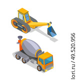 Cement concrete mixer and excavator industrial machinery isolated icons vector. Bulldozer loader, digger with shovel, backhoe industry mechanisms. Cement Mixer and Excavator Industrial Machinery. Стоковая иллюстрация, агентство Ingram Publishing / Фотобанк Лори