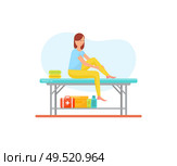 Massage self care and treatment of female isolated icon vector. Woman on table rubbing her legs with lotions and ointments to relieve pain in ankle. Massage Self Care and Treatment of Female Vector. Стоковая иллюстрация, агентство Ingram Publishing / Фотобанк Лори