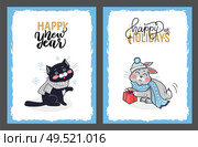 Christmas cards with greetings from kitty and rabbit. Vector christmas cards with bunny and cat. Happy New Year wishes from black feline in grey scarf.. Christmas Cards with Greetings from Cat and Bunny. Стоковая иллюстрация, агентство Ingram Publishing / Фотобанк Лори