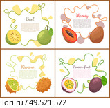 Bael and mango, posters set with text sample. Healthy food with tropical fruits, passion and kiwano. Natural exotic production, juicy meal vector. Bael and Mango Posters Set Vector Illustration. Стоковая иллюстрация, агентство Ingram Publishing / Фотобанк Лори