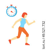 Woman running and clock isolated icon vector. Training female, trying to cope on time. Exercises for weight loss and body transformation improvement. Woman Running and Clock Icon Vector Illustration. Стоковая иллюстрация, агентство Ingram Publishing / Фотобанк Лори