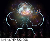 Meeting of the Minds series. Digits, human silhouettes, arrows and abstract elements on the subject of collaborative thinking, brainstorming, exchanging  ideas, teaching and learning. Стоковое фото, агентство Ingram Publishing / Фотобанк Лори