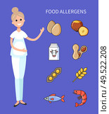 Food allergens, doctor showing organic products causing diseases vector. Nut and cow milk in box, wheat and beans, fish and shrimp, beans and eggs. Food Allergens, Doctor Showing Organic Products. Стоковая иллюстрация, агентство Ingram Publishing / Фотобанк Лори