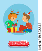 Christmas holidays, children opening presents vector. Boy and girl unpacking gifts, smiling children unwrapping packages with surprises, vector web page on blue. Christmas Holidays Children Opening Present Vector. Стоковая иллюстрация, агентство Ingram Publishing / Фотобанк Лори