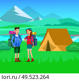 summer camping with landscape. Morning landscape in the mountains. Men and woman character camping tourists. Camping Weekend in the tent. Hiking and camping. Vector camping flat illustration. summer  landscape. Morning landscape in the mountains. Стоковая иллюстрация, агентство Ingram Publishing / Фотобанк Лори