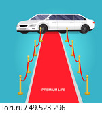 detailed vector luxury limousine car and red carpet for world premiere, red carpet for celebrities and guests. Vector red carpet and luxury limousine. Luxury limousine car. Стоковая иллюстрация, агентство Ingram Publishing / Фотобанк Лори