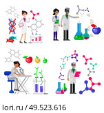 Detailed character men woman scientis, laboratory technician scientis looking through a microscope, Biotechnology scientis, genetic engineering scientis, nanotechnology. Selfie shots family and couples vector. Стоковая иллюстрация, агентство Ingram Publishing / Фотобанк Лори