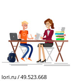 Woman teacher tutor tutoring boy kid at home. Mother helping son with homework. Flat teacher, style vector teacher, teacher illustration . Vector detailed character woman teacher. Стоковая иллюстрация, агентство Ingram Publishing / Фотобанк Лори