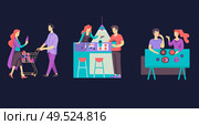 Everyday routine scenes and spend time together of young romantic couple. Pair of boy and girl cooking food and eating. Vector people character. Colorful flat concept illustration.. Everyday routine scenes and spend time together of young romantic couple. Стоковая иллюстрация, агентство Ingram Publishing / Фотобанк Лори