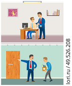 Boss discharging employee, unemployed fired man with director pointing to exit vector. Angry chief, sacked worker, supervisor advising praising novice. Boss Discharging Employee, Unemployed Fired Man. Стоковая иллюстрация, агентство Ingram Publishing / Фотобанк Лори