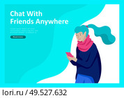 Landing page templates. Vector people happy friends character teenagers with gadgets are walking and chatting, meet new people, chat with old friends and make new. Colorful flat illustration. Landing page templates. Vector people happy friends character teenagers with gadgets are walking and chatting. Стоковая иллюстрация, агентство Ingram Publishing / Фотобанк Лори
