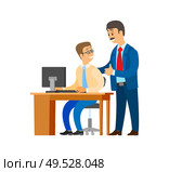 Boss professional leader of company and worker vector. Programmer sitting by table of working place director checking process and praising smiling man flat style. Boss Professional Leader of Company and Worker. Стоковая иллюстрация, агентство Ingram Publishing / Фотобанк Лори
