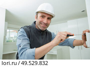 portrait of smiling carpenter install door. Стоковое фото, агентство Ingram Publishing / Фотобанк Лори