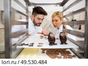 chocolatier inspecting cooled chocolates on a rack. Стоковое фото, агентство Ingram Publishing / Фотобанк Лори