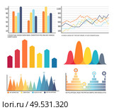 Infographics and charts with lines graphics vector. Dots and curves, visualization and conceptualization of data. Schemes and numeric figures results. Infographics and Charts with Lines Graphics Set. Стоковая иллюстрация, агентство Ingram Publishing / Фотобанк Лори
