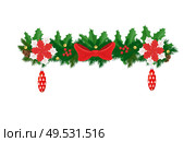 Xmas decorative element, fir-tree branches decorated by poinsettia flowers, cone shape glass toys, red mistletoe berries and spruce vector isolated icon. Xmas Decorative Element, Fir-tree Branches Decor. Стоковая иллюстрация, агентство Ingram Publishing / Фотобанк Лори