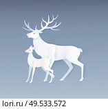 Deer and fawn with full side view. Card in flat style with white animals isolated on grey vector. Simple design of beasts, paper art and craft style. Deer and Fawn with Full Side View on Grey Vector. Стоковая иллюстрация, агентство Ingram Publishing / Фотобанк Лори