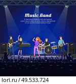 Music band singers and musicians with instruments vector. People playing on stage, vocalist and guitarist, drummer and bass player performing for fans. Music Band Singers and Musicians with Instruments. Стоковая иллюстрация, агентство Ingram Publishing / Фотобанк Лори