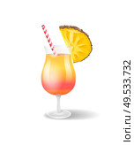 Cocktail poured in glass served with pineapple slice. Isolated icon of beverage, fruit piece and stripe for drinking. Tropical alcoholic liquor vector. Cocktail Glass with Pineapple Vector Illustration. Стоковая иллюстрация, агентство Ingram Publishing / Фотобанк Лори