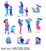 Vector people character. Mother and daughter spending time together, read a book and play, bathe the baby, walk and shopping. Colorful flat concept illustration.. Vector people character. Mother and daughter spending time together. Стоковая иллюстрация, агентство Ingram Publishing / Фотобанк Лори