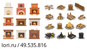 Fireplace isolated icons set logs wooden material vector. Furniture home decoration, stone and brick, ornaments and fire inside, burning wood beams. Fireplace Isolated Icons Set Logs Wooden Material. Стоковая иллюстрация, агентство Ingram Publishing / Фотобанк Лори
