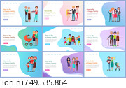 Happy family with baby carriage, children and parents giving present to relatives. Web page decorated by mother and father with daughter and son vector. Members of Family, Parents and Children Vector. Стоковая иллюстрация, агентство Ingram Publishing / Фотобанк Лори