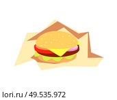 Burger fast food served in paper vector, bistro meal isolated icon. Snack cheeseburger with cheese, tomatoes and bun, hamburger appetizer with onion. Burger Fast Food Served in Paper, Bistro Meal. Стоковая иллюстрация, агентство Ingram Publishing / Фотобанк Лори