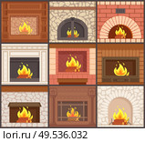 Fireplaces set different shapes and types of stoves vector. Furnaces made of stone, redbrick or wooden material, burning logs, classic style of decor. Fireplaces Set Different Shapes Types of Stoves. Стоковая иллюстрация, агентство Ingram Publishing / Фотобанк Лори