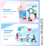 Workers with laptops, man with loupe and gadgets, woman holding computer. Modern page of financial statements analysis and technical support vector. Website template, landing page in flat style. Page of Finances and Technical Support vector. Стоковая иллюстрация, агентство Ingram Publishing / Фотобанк Лори