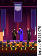 A vector illustration of graduation girl shaking hand with dean at podium. Стоковая иллюстрация, агентство Ingram Publishing / Фотобанк Лори