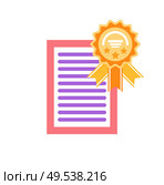 Certificate with honor and circled label with ribbon vector. Page with text, success and achievement of person, isolaited icon document with frame. Certificate with Honor Circled Label with Ribbon. Стоковая иллюстрация, агентство Ingram Publishing / Фотобанк Лори