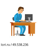 Novice working at new office job, mans workplace vector. Table with personal computer, scared employee typing on keyboard. Unsure newbie wearing suit. Novice Working at New Office Job, Man Workplace. Стоковая иллюстрация, агентство Ingram Publishing / Фотобанк Лори