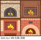 Fireplaces made of wood and stone heating systems types vector. Redbrick and wooden carving opened and closed kinds of furnaces with burning logs. Fireplaces Made of Wood and Stone Heating Types. Стоковая иллюстрация, агентство Ingram Publishing / Фотобанк Лори