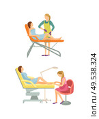Spa salon wax epilation on legs and pedicure procedure on toes. Isolated icons set vector, pedicurist and experienced beauty expert removing hair. Spa Salon Wax Epilation on Legs Pedicure Vector. Стоковая иллюстрация, агентство Ingram Publishing / Фотобанк Лори