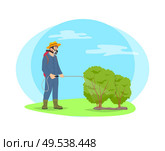 Farmer spray chemicals on shrubs vector cartoon icon. Man in protective suit and respirator splashing pesticides from harmful insects and plants.. Farmer Spray Chemicals on Plants Cartoon Icon. Стоковая иллюстрация, агентство Ingram Publishing / Фотобанк Лори