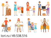 Garage sale and second hand staff, selling goods vector. Yard sale of furniture and clothes, technology and sport items, music discs and kitchenware isolated characters. Garage Sale and Second Hand Staff, Selling Goods. Стоковая иллюстрация, агентство Ingram Publishing / Фотобанк Лори