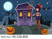 A vector illustration of female witch standing in front of house for Halloween day. Стоковая иллюстрация, агентство Ingram Publishing / Фотобанк Лори