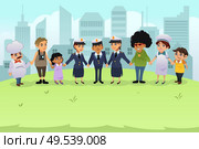 A vector illustration of policeman and policewomen holding hands with regular citizens. Стоковая иллюстрация, агентство Ingram Publishing / Фотобанк Лори