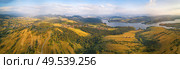Panorama aerial View of Czorsztyn Lake and Beskids hills, reservoir on Dunajec river in Tatras mountains, lesser Poland. Стоковое фото, агентство Ingram Publishing / Фотобанк Лори