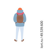 Person standing back, dressed hat and down-jacket with hoot and scarf, backpack on back, trousers and boots. Card with human in full length vector isolated. Person Standing Back with Backpack Vector Isolated. Стоковая иллюстрация, агентство Ingram Publishing / Фотобанк Лори