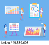 Statistics data, business graphics and diagrams, analysis vector. Charts and schemes, businesswomen or female entrepreneurs, financial growth presentation. Business Graphics and Diagrams, Statistics Data. Стоковая иллюстрация, агентство Ingram Publishing / Фотобанк Лори