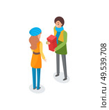 Man talking to woman and holding present in box vector. Person preparing for Christmas holidays, winter events, gifts exchanging, surprise container. Man Talking to Woman and Holding Present in Box. Стоковая иллюстрация, агентство Ingram Publishing / Фотобанк Лори