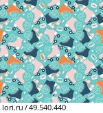 Seamless pattern with roller skates and cassette tapes. Retro hand drawn laced boots, colorful vector illustration. Стоковая иллюстрация, агентство Ingram Publishing / Фотобанк Лори