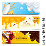 Three horizontal slime splatters blots drips realistic banner set with milk honey and chocolate headline vector illustration. Стоковая иллюстрация, агентство Ingram Publishing / Фотобанк Лори