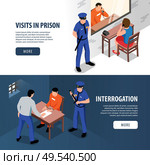 Prison two isometric banners with visitor and prisoner in visiting Room and detective and offender in handcuffs in interrogation room vector illustration. Стоковая иллюстрация, агентство Ingram Publishing / Фотобанк Лори