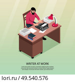 Writer at work isometric composition with traditional workplace attributes desk typewriter books paper piles poster vector illustration. Стоковая иллюстрация, агентство Ingram Publishing / Фотобанк Лори