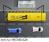 Cars top view realistic composition with images of automobiles driving along road and trolleybus at stop vector illustration. Стоковая иллюстрация, агентство Ingram Publishing / Фотобанк Лори