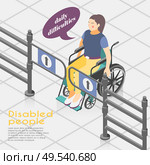 Disabled people difficulties isometric background composition with wheelchair bound woman unable to open entrance gates vector illustration. Стоковая иллюстрация, агентство Ingram Publishing / Фотобанк Лори